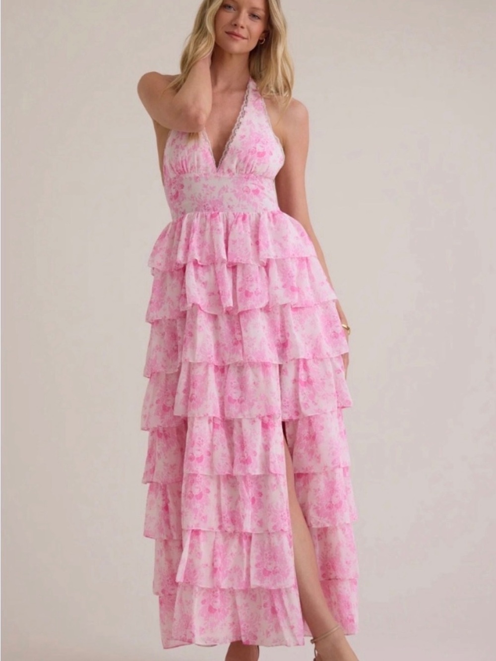 Altar'd State Pink Floral Tiered Halter Maxi